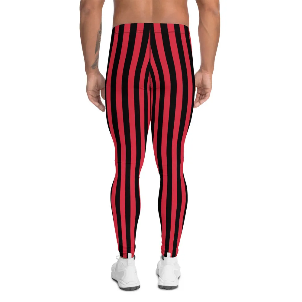 Red Black Striped Print Men's Leggings, Modern Best Festive Stripe Circus Meggings-Made in USA/EU/MX