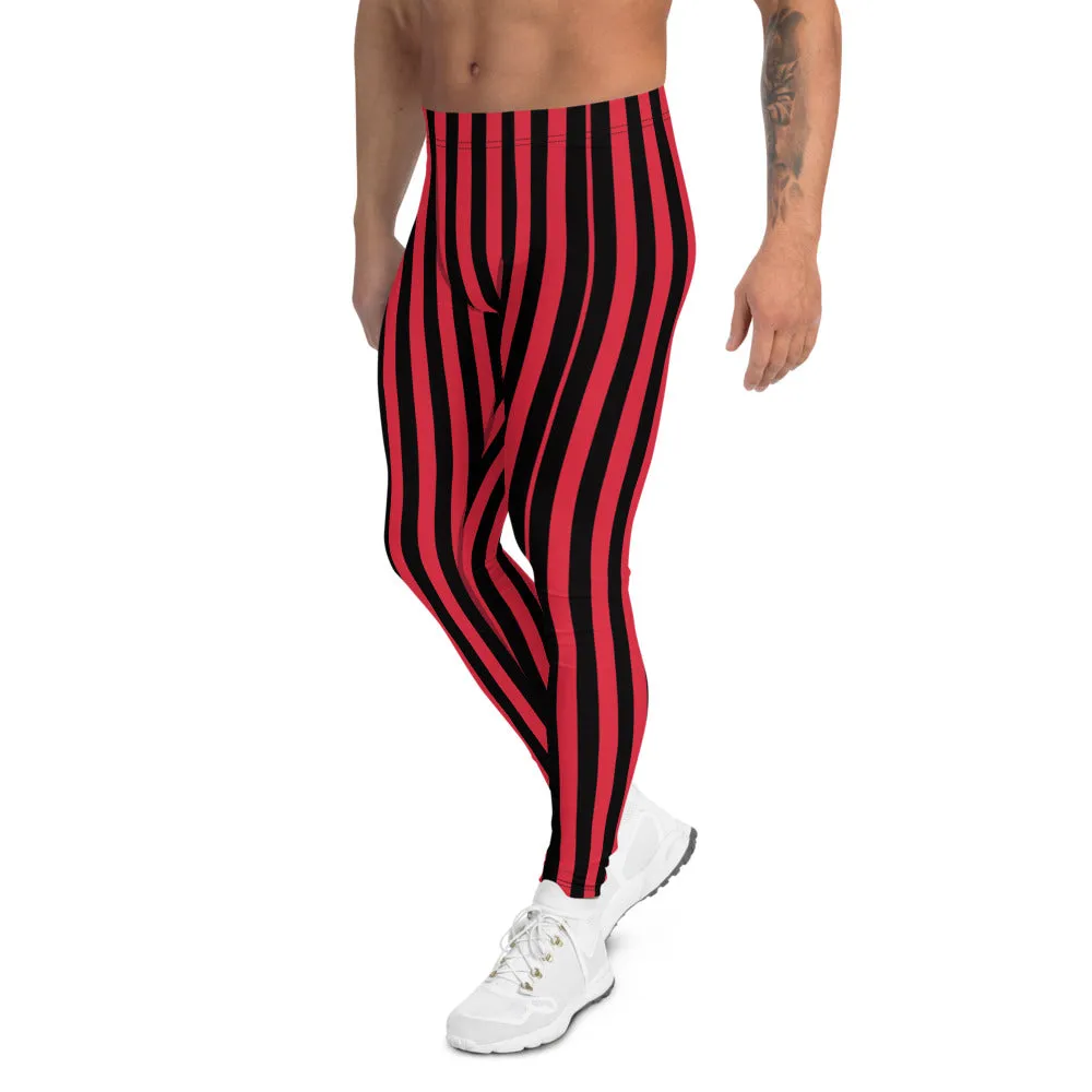Red Black Striped Print Men's Leggings, Modern Best Festive Stripe Circus Meggings-Made in USA/EU/MX