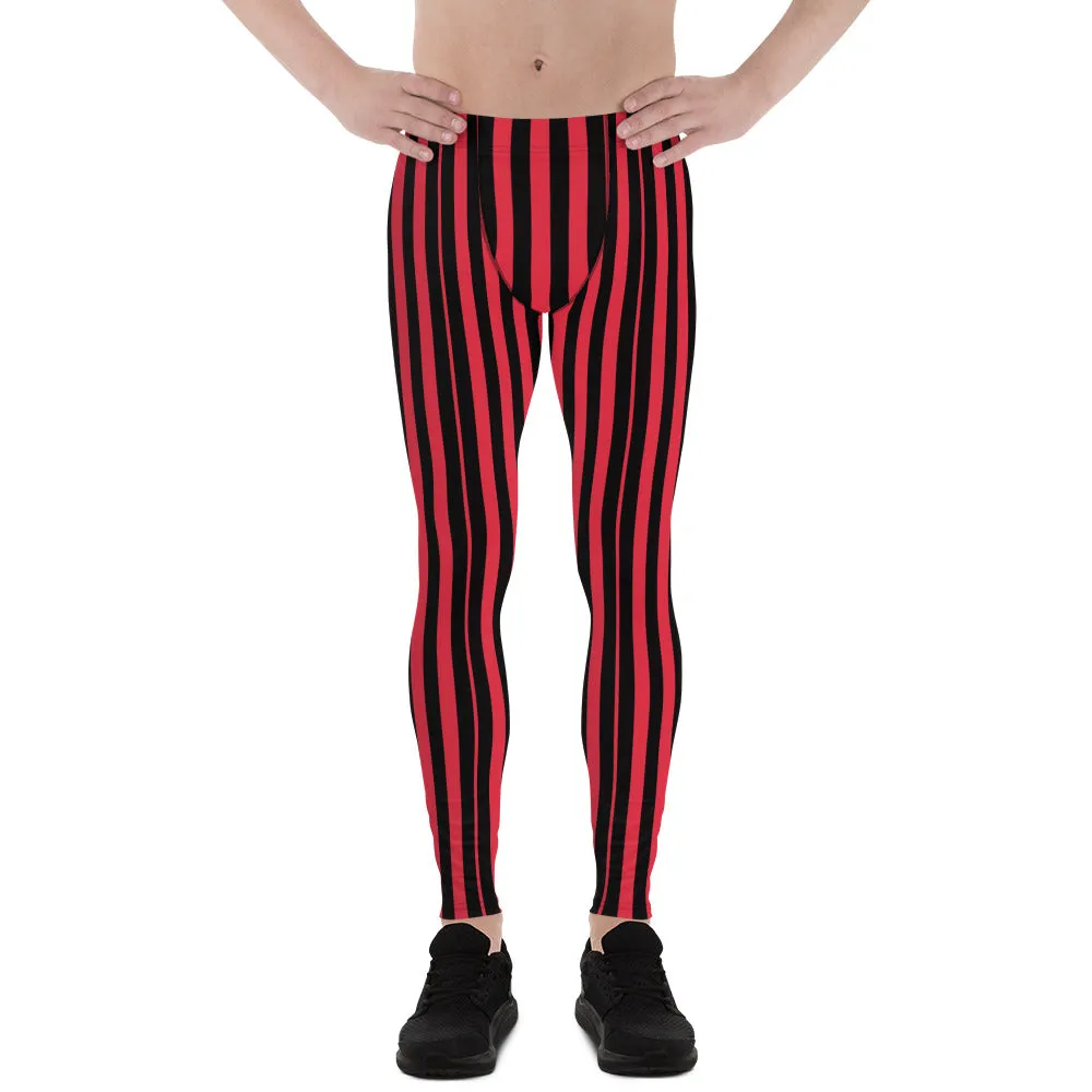Red Black Striped Print Men's Leggings, Modern Best Festive Stripe Circus Meggings-Made in USA/EU/MX