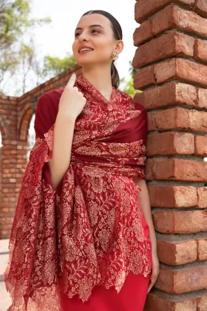 Red Fine wool Shawl with Gold Lace