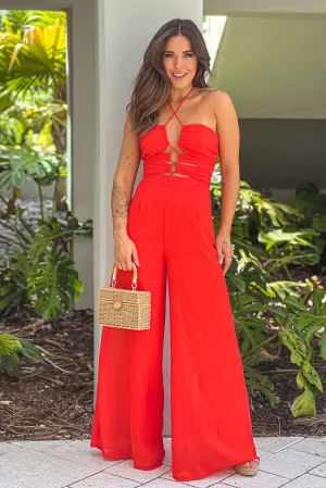 Red Jumpsuit With Detailed Cut Out Halter Top
