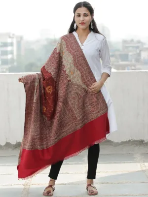 Red Maroon Beige Jacouard Jamawar Needle Embroidered Woollen Kashmiri Stole - S200592