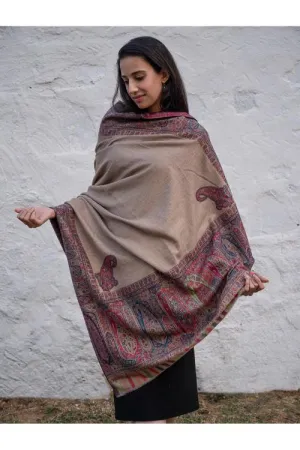 Regal Statement. Exclusive Soft Jamavar Design Kashmiri Shawl - Royal Beige