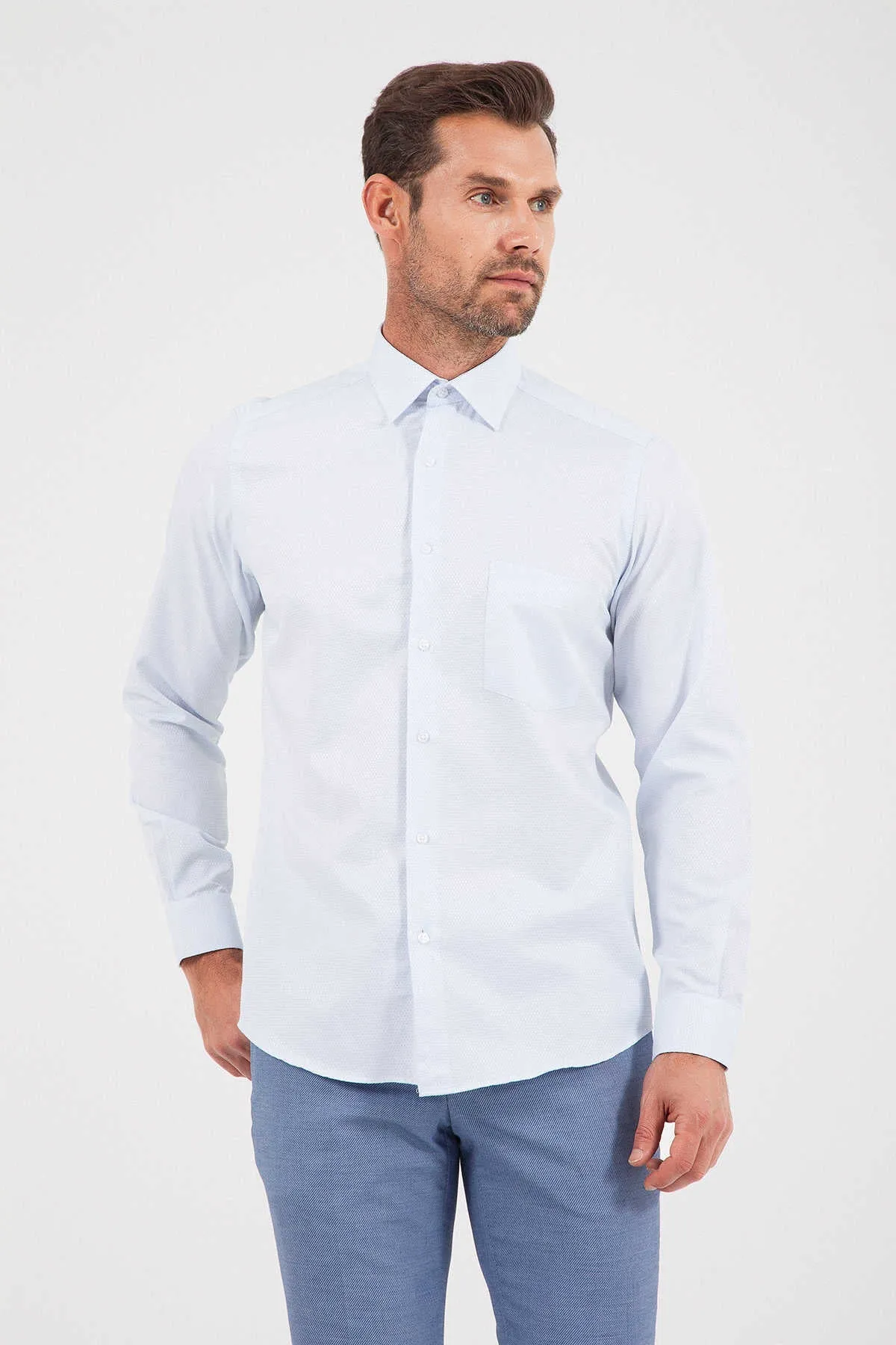 Regular Fit Long Sleeve Patterned Cotton Dress Shirt, Blue D.