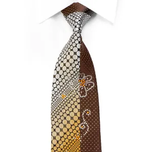 Remizio Rhinestone Tie Orange Silver Geometric & Floral On Brown With Gold Sparkles