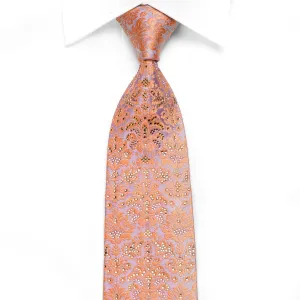 Renoma Men's Crystal Silk Necktie Peach Damask On Mauve Sparkling With Rhinestones