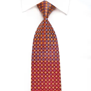 Renoma Men's Crystal Silk Tie Orange Geometric On Burgundy Sparkling With Rhinestones