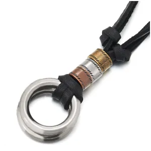 Retro Men Womens Double Open Circles Beads Charm Pendant Necklace with Adjustable Leather Cord