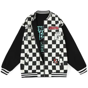 Reversible Color Block Checkerboard Print Jacket