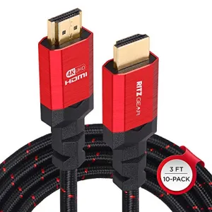 RitzGear 4K HDMI Cables | 10-Pack of 3 Ft. High-Speed 18Gbps HDMI 2.0 Connectors | Durable Braided Nylon, Gold Plating, 4K @ 60Hz Ultra HD, 3D, 2160p, 1080p & Ethernet Support for TV, Laptop & Gaming