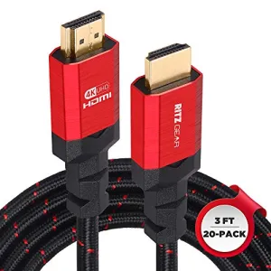 RitzGear 4K HDMI Cables | 20-Pack of 3 Ft. High-Speed 18Gbps HDMI 2.0 Connectors | Durable Braided Nylon, Gold Plating, 4K @ 60Hz Ultra HD, 3D, 2160p, 1080p & Ethernet Support for TV, Laptop & Gaming