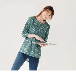 ROUND NECK 3/4 SLEEVE DIP HEM PRINTED TOPS