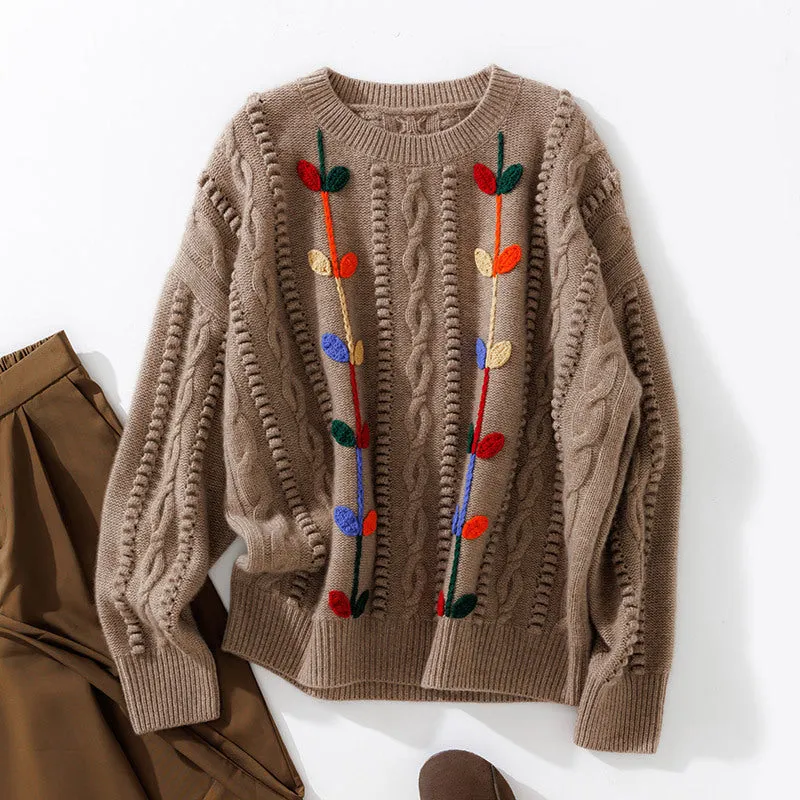 Round Neck Long-sleeved Pullover Hand-crocheted Thickened  Cashmere Sweater