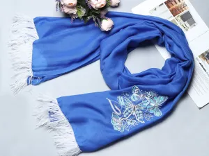 Royal Blue Pure Pashmina Shawl with White Butterflies & Feathers