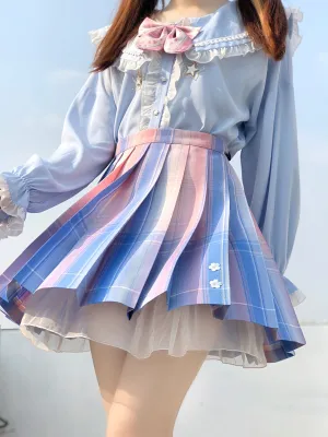 Sakura Cherry Blossoms Seifuku Plaid Pink Blue Gradient Short Mini Skirt