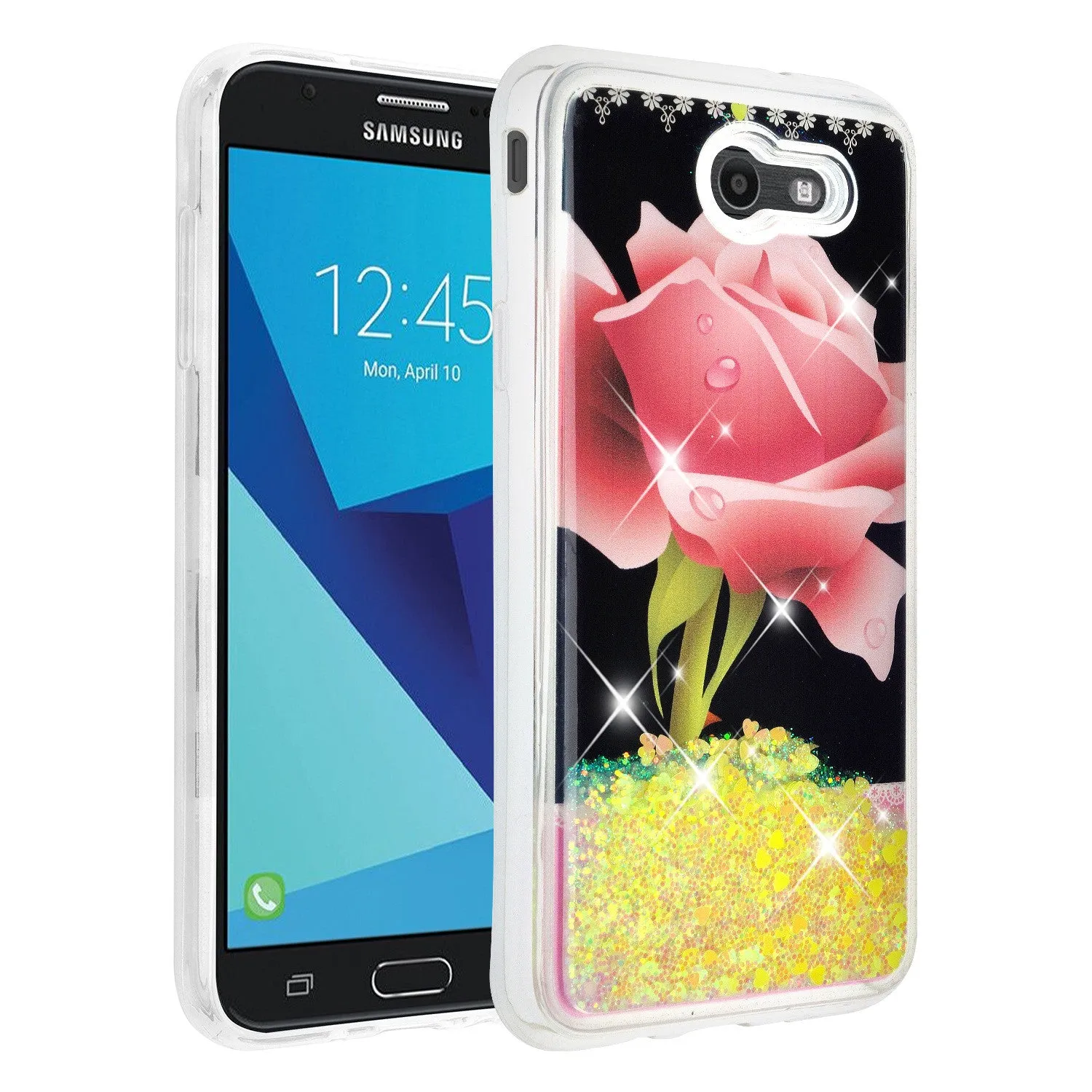 Samsung Galaxy J7 (2017) / J7 Sky Pro / J7 Perx / J7 V / J7 Prime / Galaxy Halo Case, Luxury Bling Glitter Liquid Quicksand Cover - Hot Pink Rose