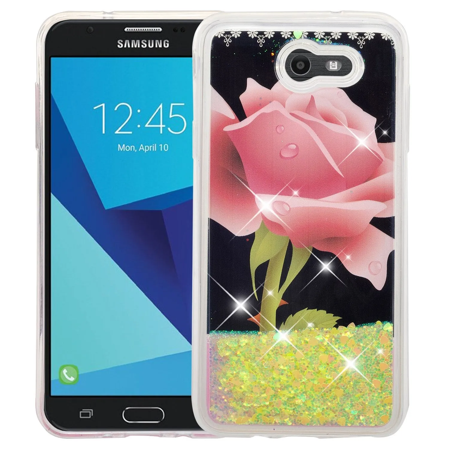 Samsung Galaxy J7 (2017) / J7 Sky Pro / J7 Perx / J7 V / J7 Prime / Galaxy Halo Case, Luxury Bling Glitter Liquid Quicksand Cover - Hot Pink Rose