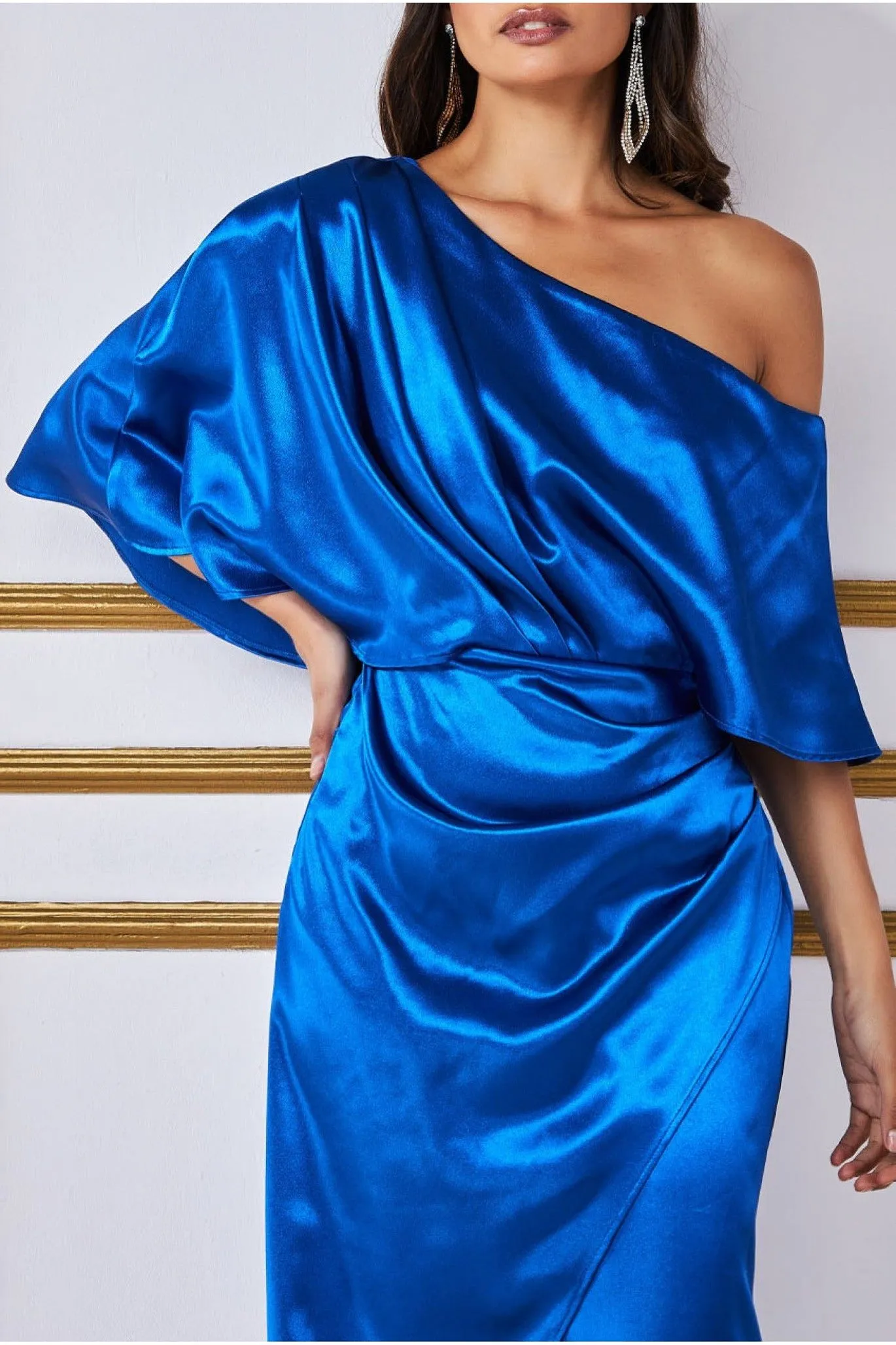 Satin Drape Shoulder Wrap Maxi Dress - Royal Blue by Goddiva