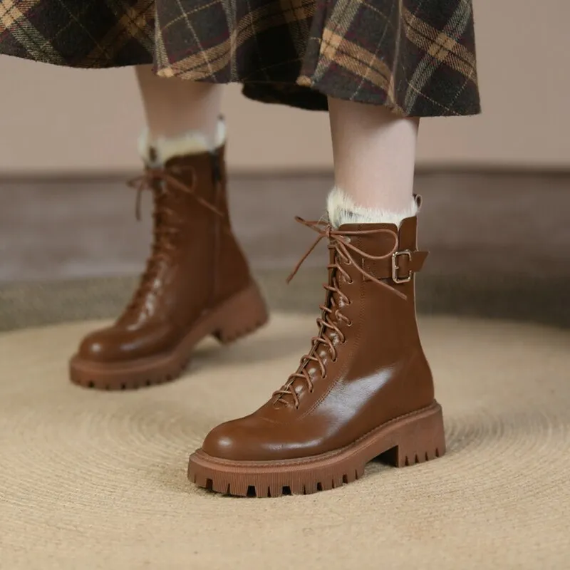 sealbeer  fashion inspo    Winter Women Boots Round Toe Chunky Boot Women Split leather Shoes Women Thick Heel Boots Wool Blend Warm Boots Black Snow Boots