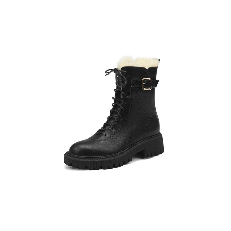 sealbeer  fashion inspo    Winter Women Boots Round Toe Chunky Boot Women Split leather Shoes Women Thick Heel Boots Wool Blend Warm Boots Black Snow Boots