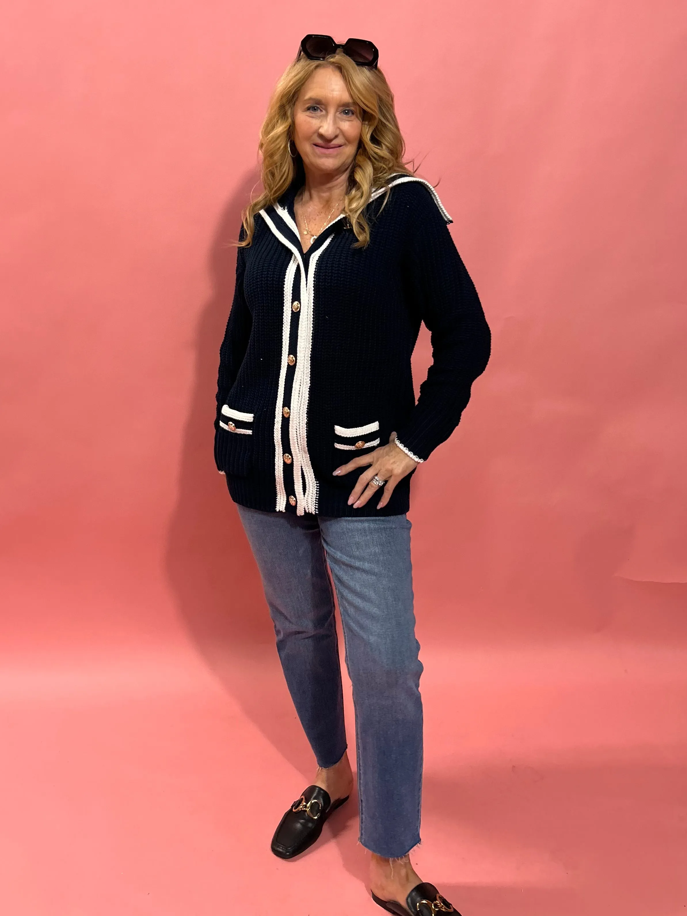 Seaside Chic Knit Car Striped Trim Cardigan