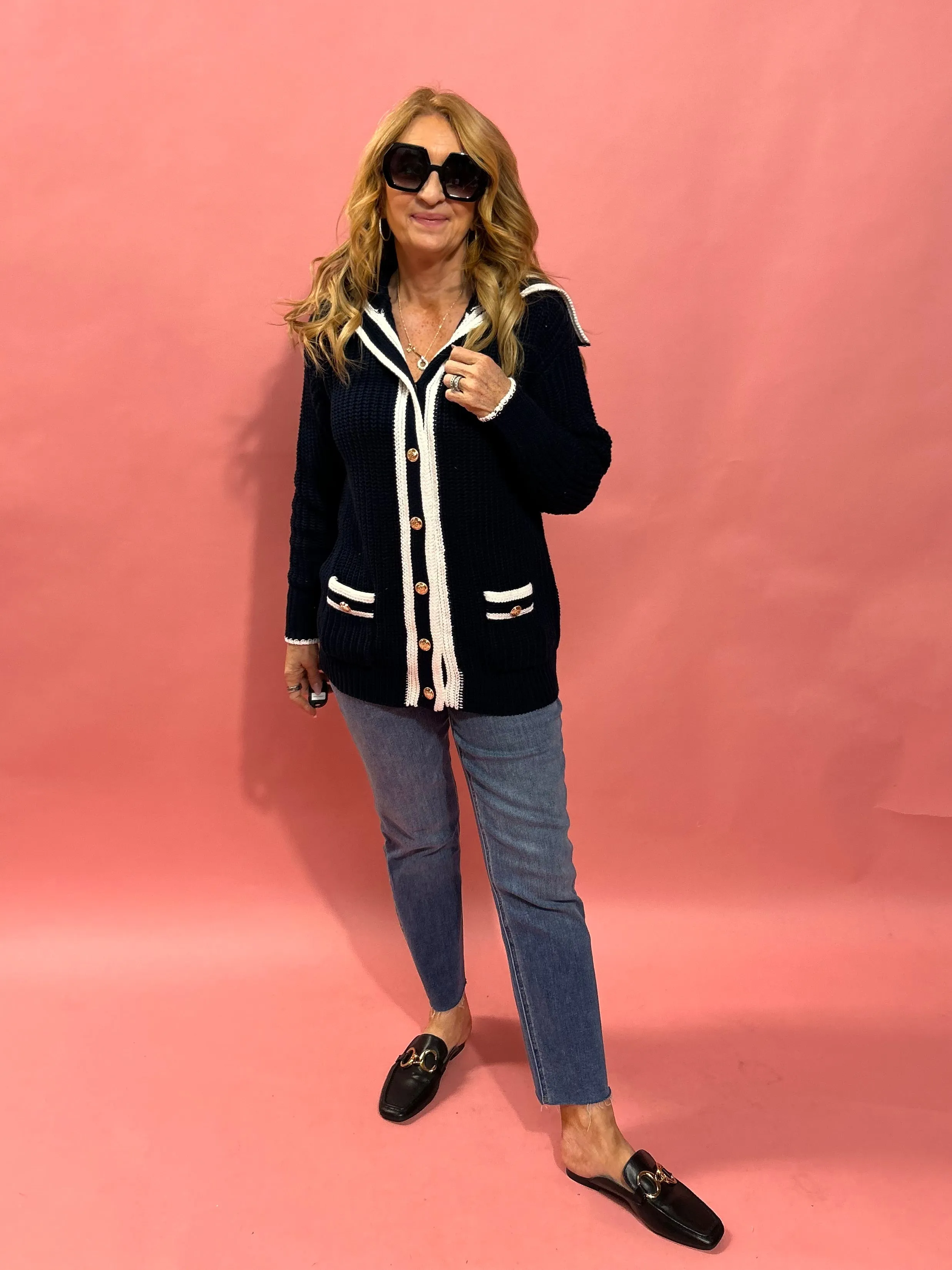 Seaside Chic Knit Car Striped Trim Cardigan