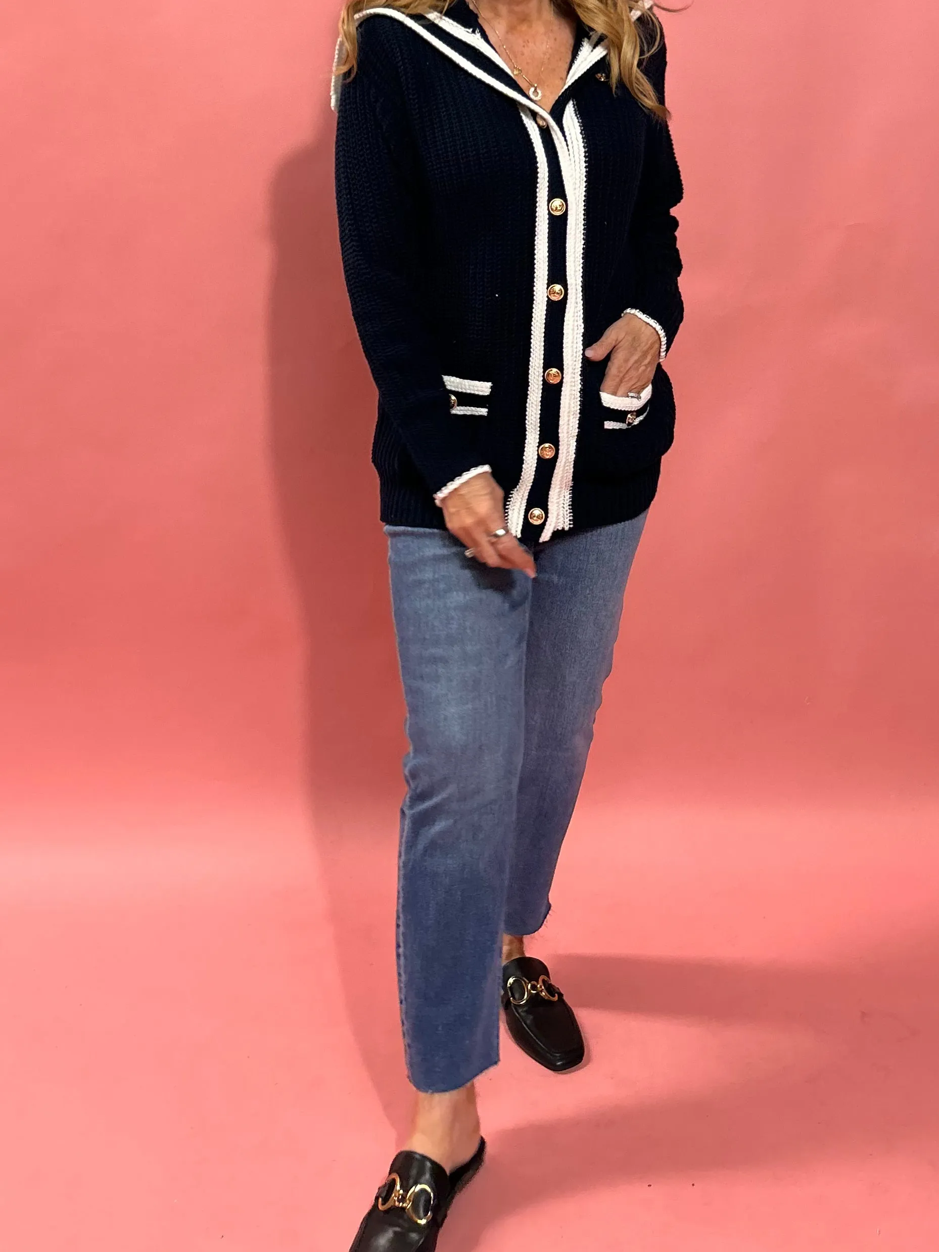 Seaside Chic Knit Car Striped Trim Cardigan
