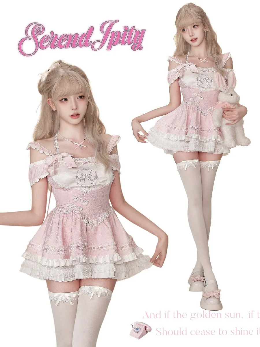 Serendipity Peach Branch Poetry Skirt Women's Summer Pink Suspender Skirt