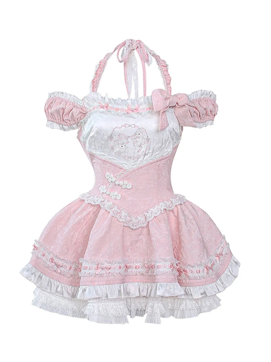Serendipity Peach Branch Poetry Skirt Women's Summer Pink Suspender Skirt