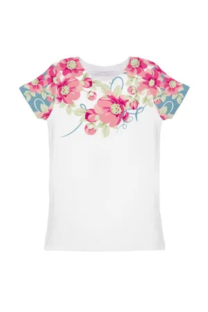 Serenity Zoe White Floral Print Designer T-Shirt - Girls