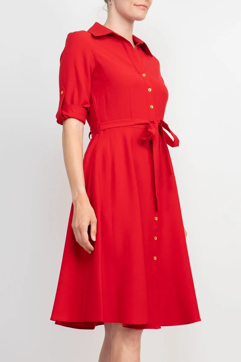 Sharagano Collared Short Sleeve Tie Waist A-Line Solid Rayon Dress