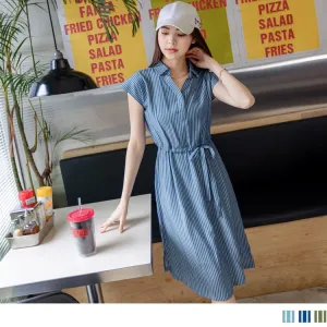 SHORT SLEEVE COLLARED STRIPED DRAWSTRING DRESS