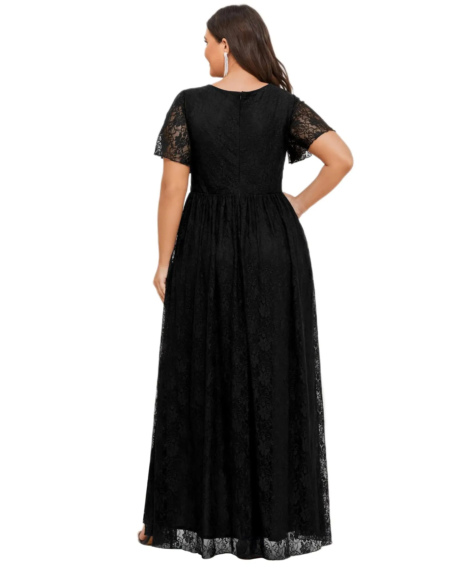 Short Sleeve Ruffled V-Neck A-Line Lace Evening Dress | Black