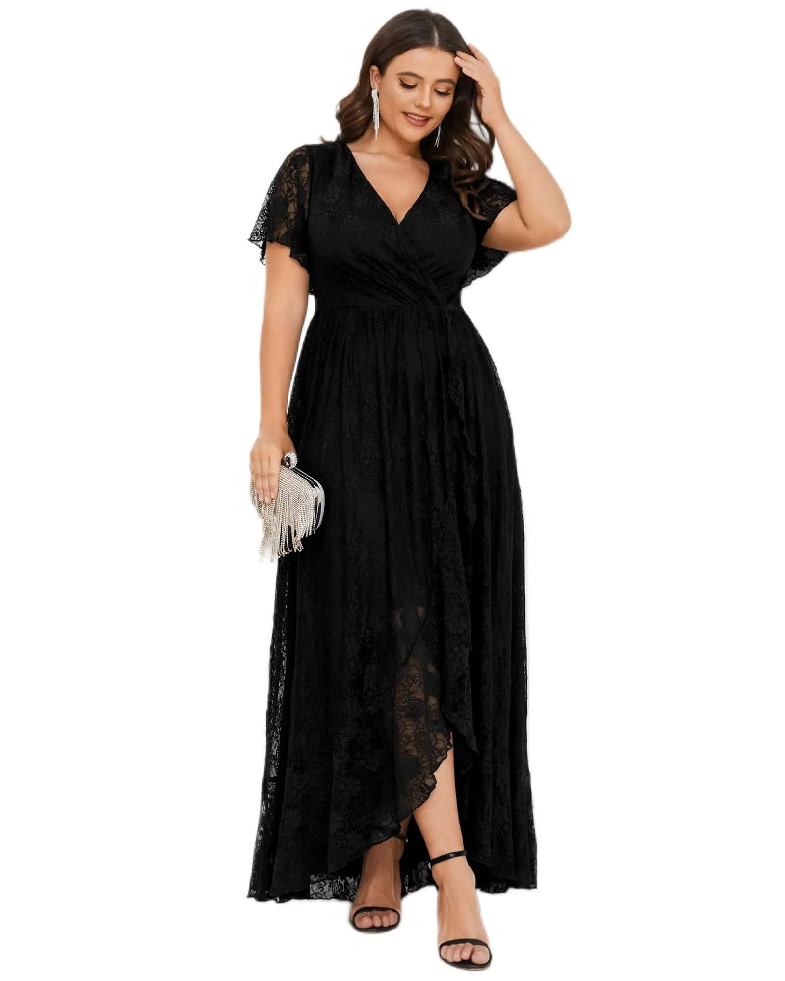 Short Sleeve Ruffled V-Neck A-Line Lace Evening Dress | Black
