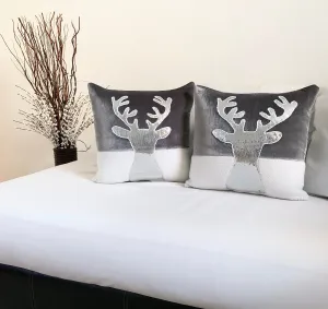 Silver and White Reindeer Christmas Pillow Cover  (Set of 2)