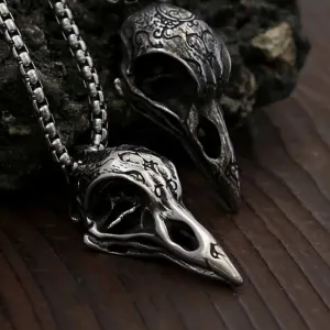 Silver Antique Raven Skull Necklace