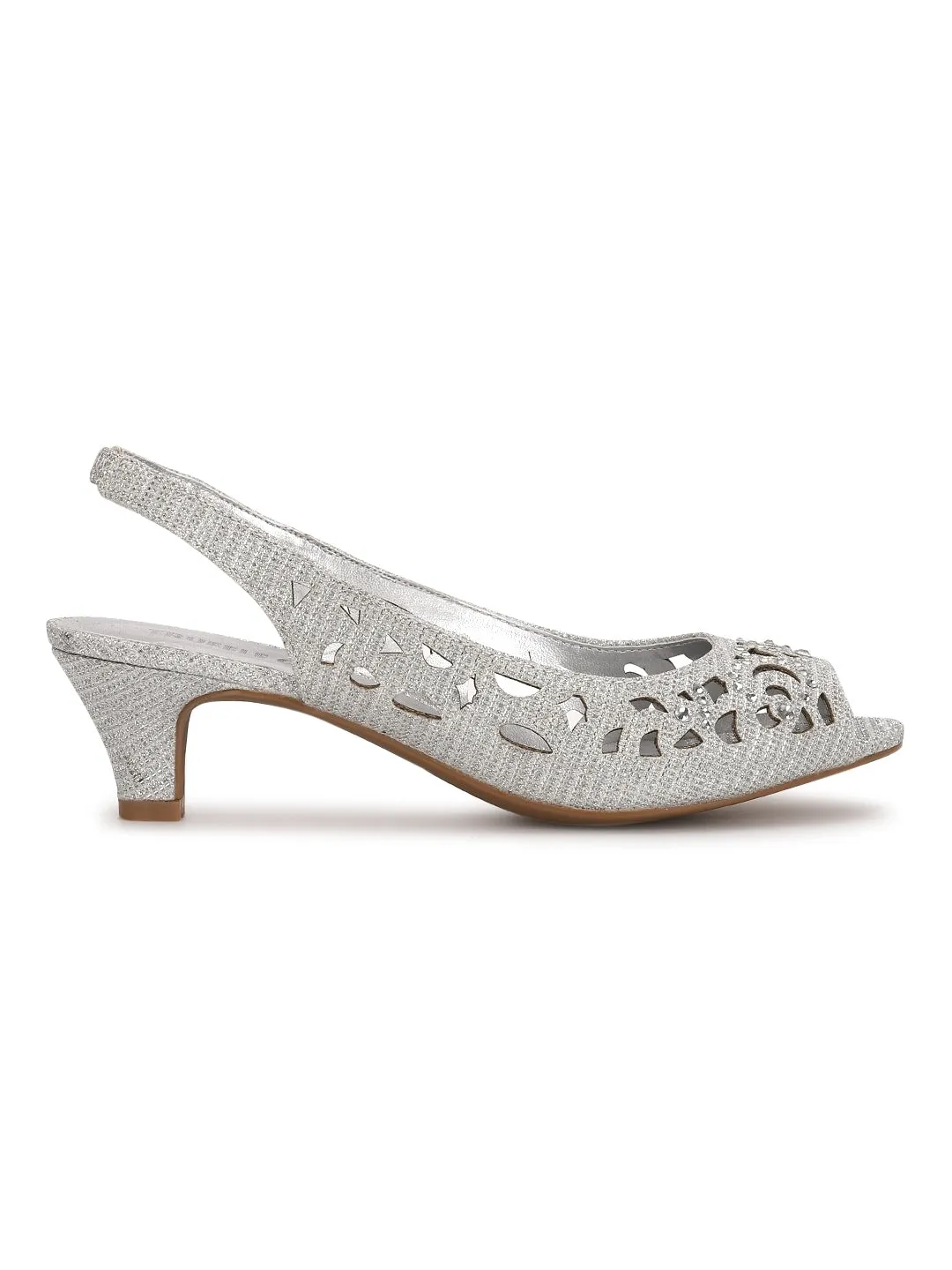 Silver Kitten Heel Back Elastic Peeps
