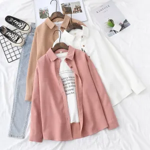 Simple Women Shirt Long Sleeve Loose Tops Office Lady Casual Pink White Blue Long Sleeve Blouses Fashion Clothing