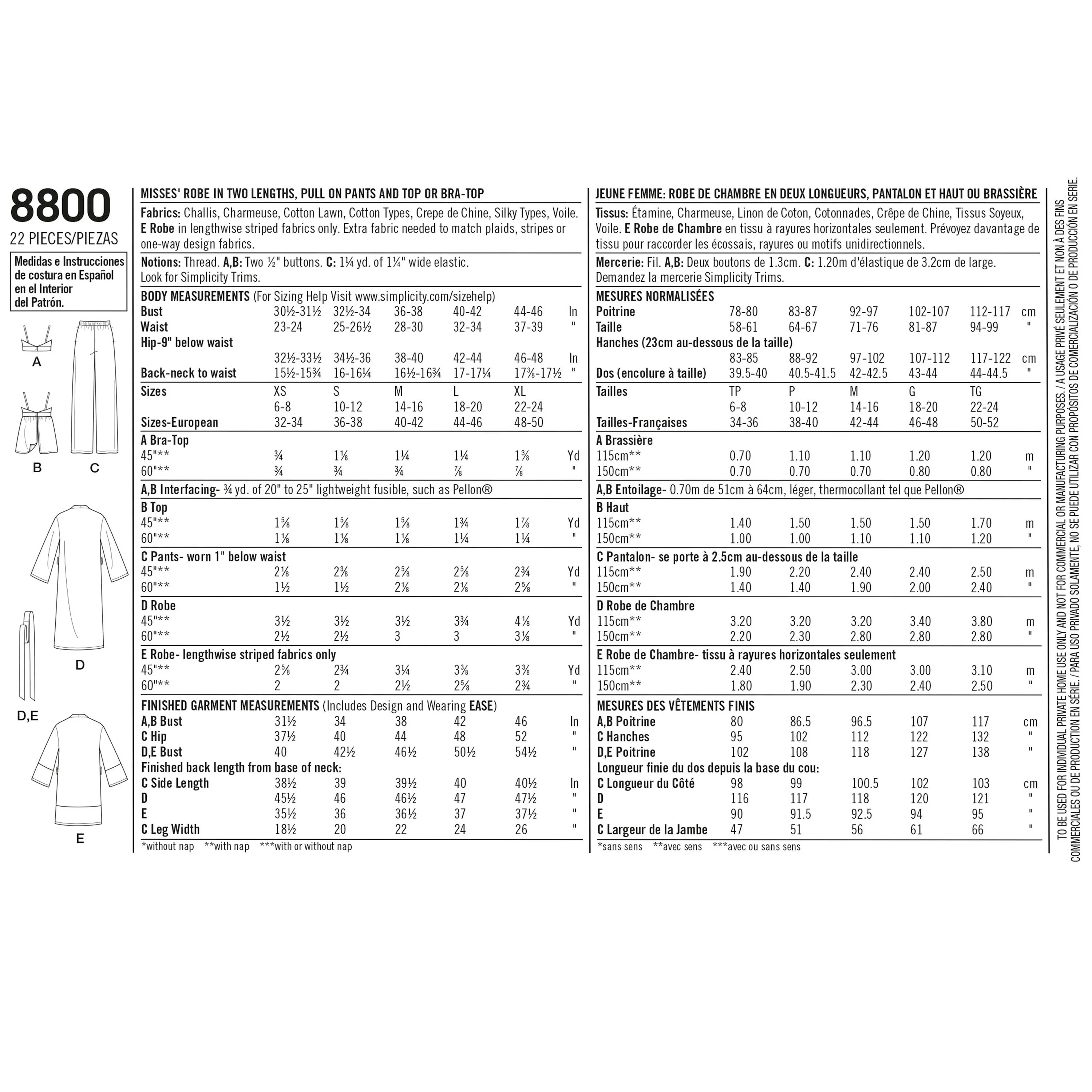 Simplicity Pattern 8800 Misses' Robe, Pants, Top and Bralette