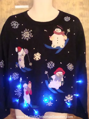 Skiing Snowmen Light Up Ugly Xmas Sweater