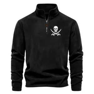 SKULL STAND UP COLLAR HALF ZIPPER LONG SLEEVED SWEATSHIRT