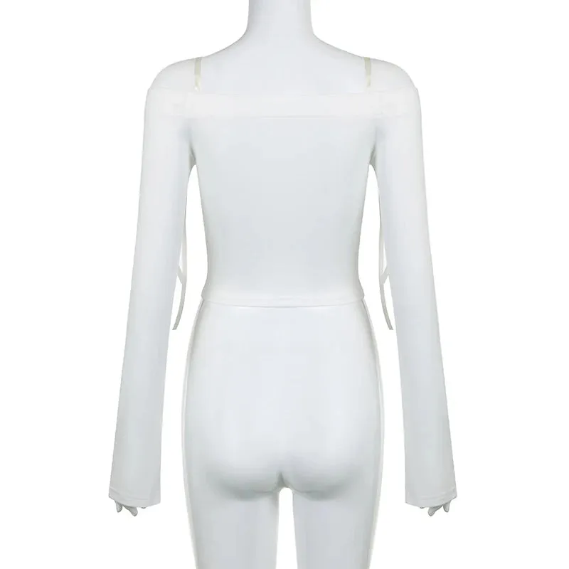 Slash Neck Bow White Sweet Female T-shirt Chic Autumn Tee Slim Long Sleeve Tie Up Coquette Clothes Off Shoulder Tops