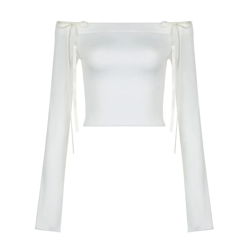 Slash Neck Bow White Sweet Female T-shirt Chic Autumn Tee Slim Long Sleeve Tie Up Coquette Clothes Off Shoulder Tops