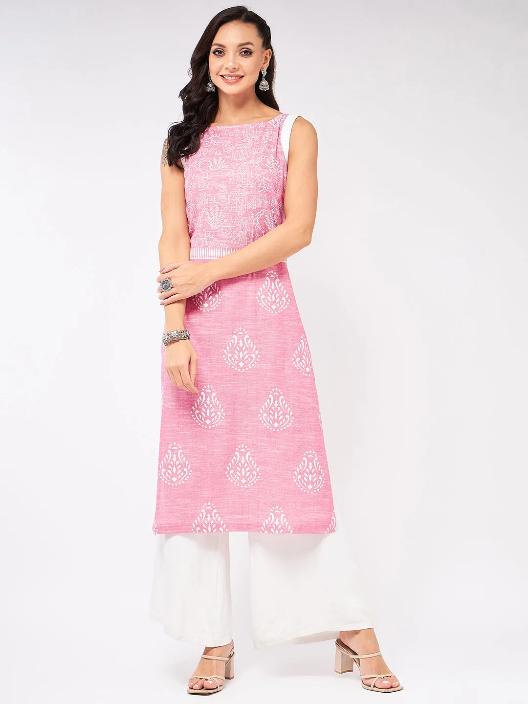 Sleeveless Printed Chambray Kurta