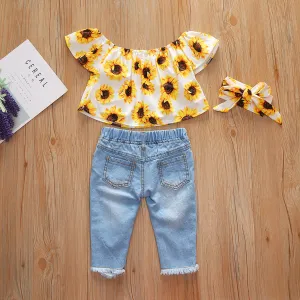 Sleeveless Sunflower Crop Top & Denim Pants