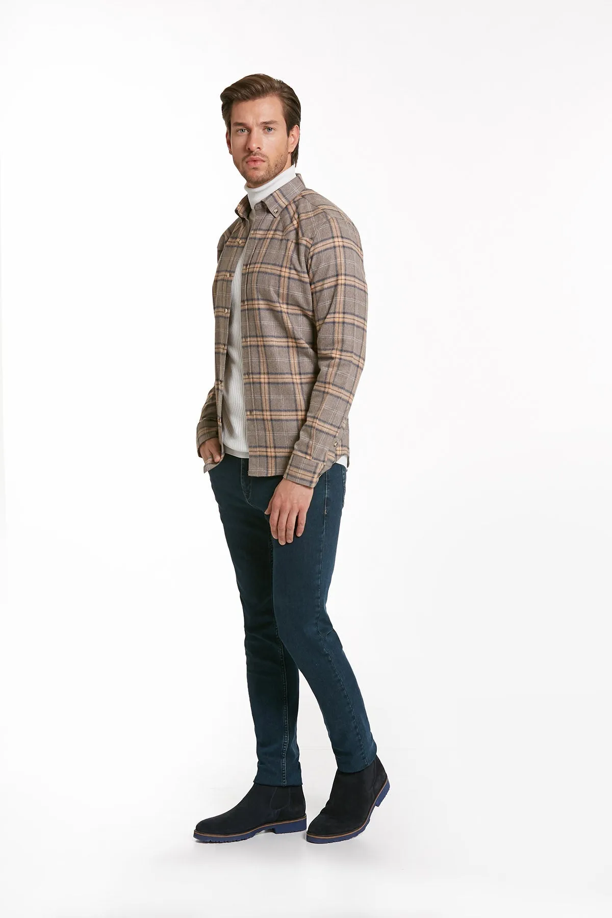 Slim Fit Long Sleeve Checked Cotton Blend Casual Shirt, Beige K.