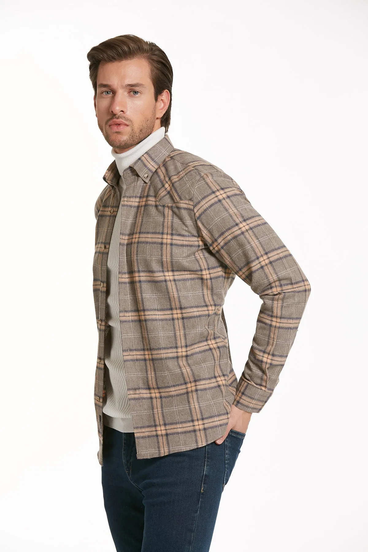 Slim Fit Long Sleeve Checked Cotton Blend Casual Shirt, Beige K.