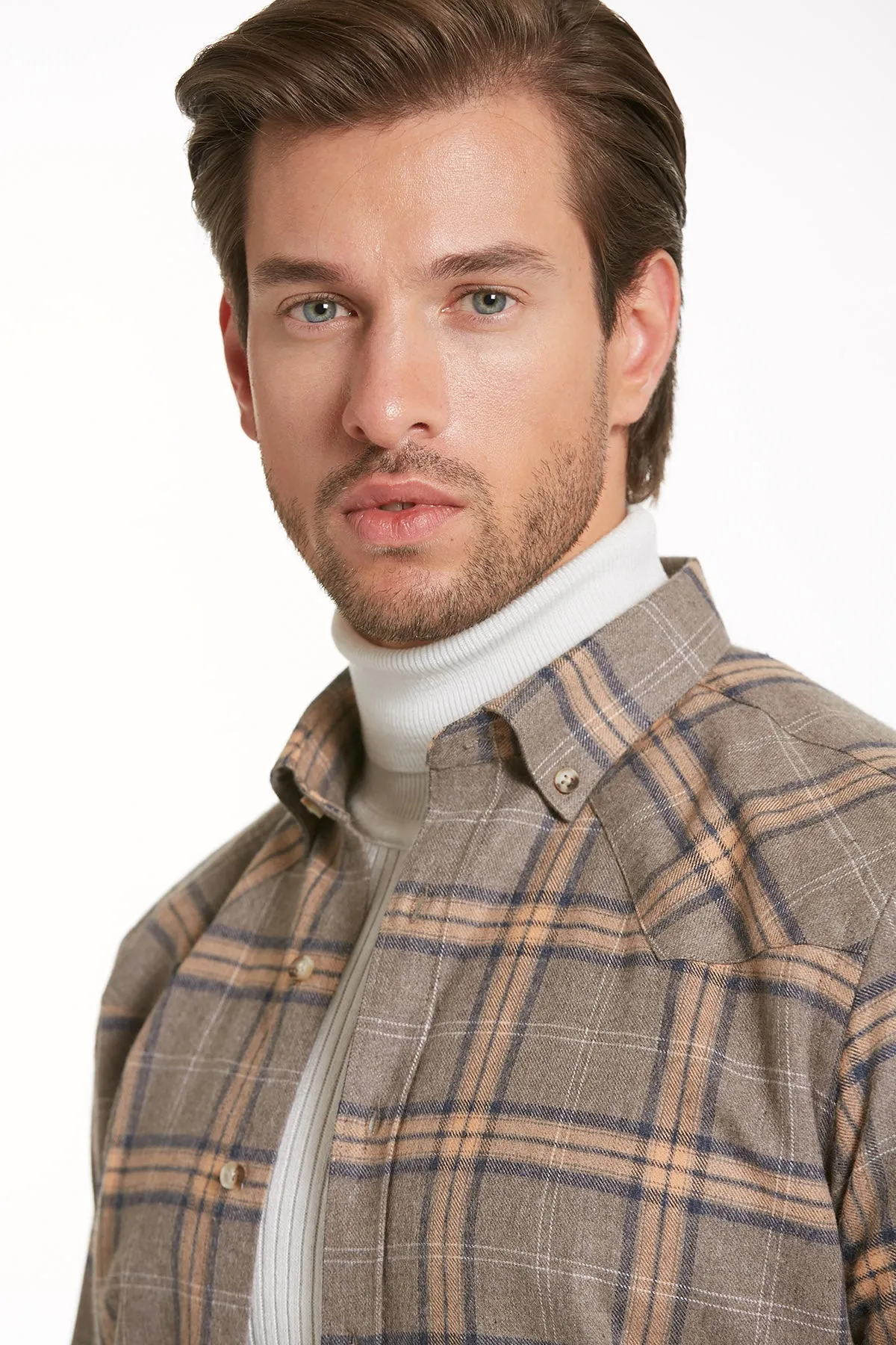 Slim Fit Long Sleeve Checked Cotton Blend Casual Shirt, Beige K.