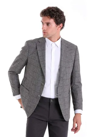 Slim Fit Notch Lapel Checked Linen Burgundy Classic Blazer, Brown K.