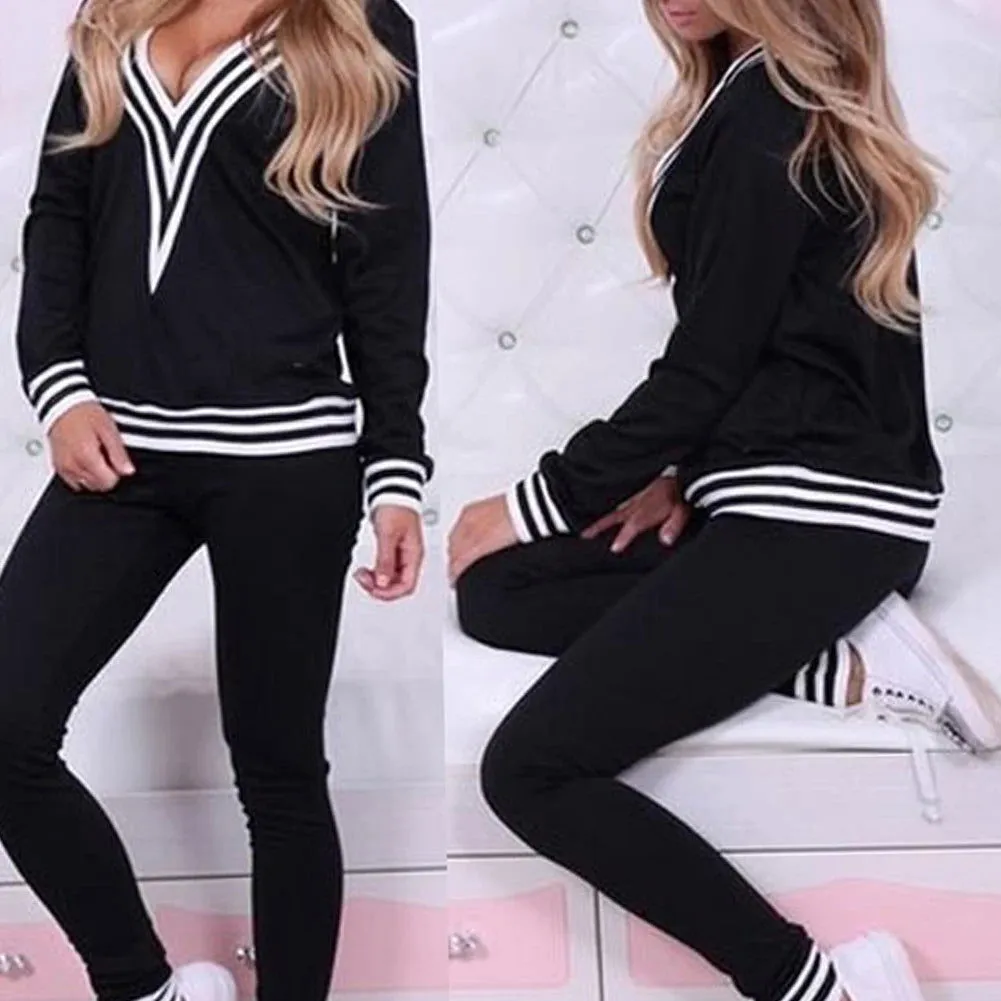 Soft Cotton V-Neck Striped Pullover and Pants Women's Tracksuits